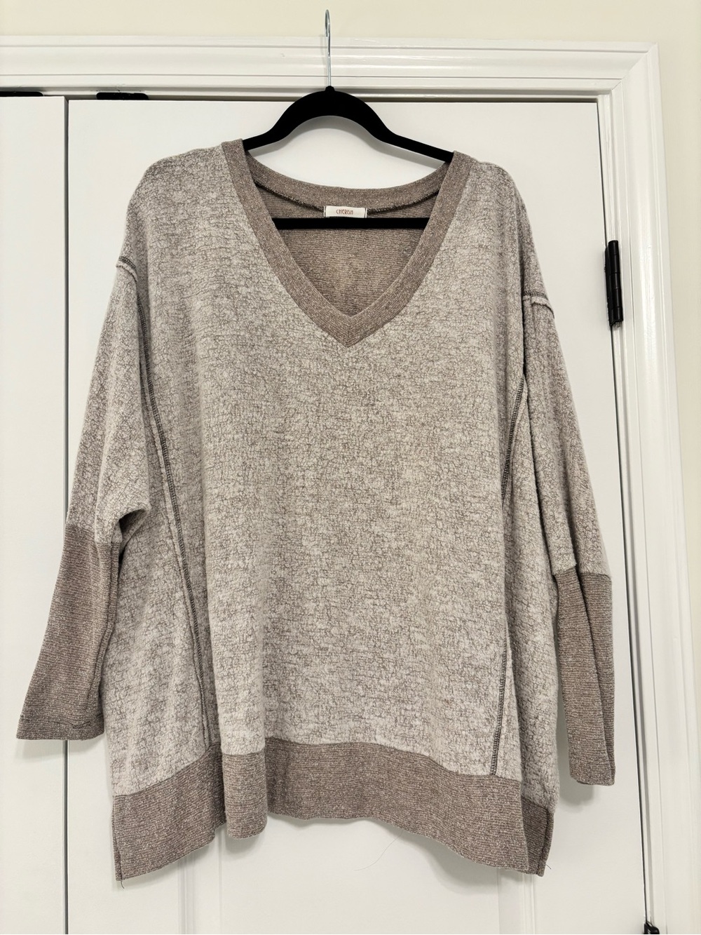 Cherish Two-Tone Taupe V-Neck Sweater